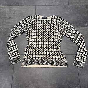 LOULOU Women SZ LG Long Sleeve Black Cream  Rhinestone Pullover Blouse Viscose